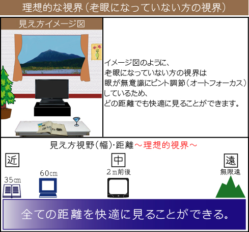 理想的な視界(老眼になっていない方の視界)